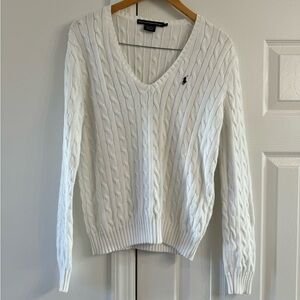 Vintage Ralph Lauren Sport White Cable Knit V Neck Sweater XL Logo Y2K Preppy